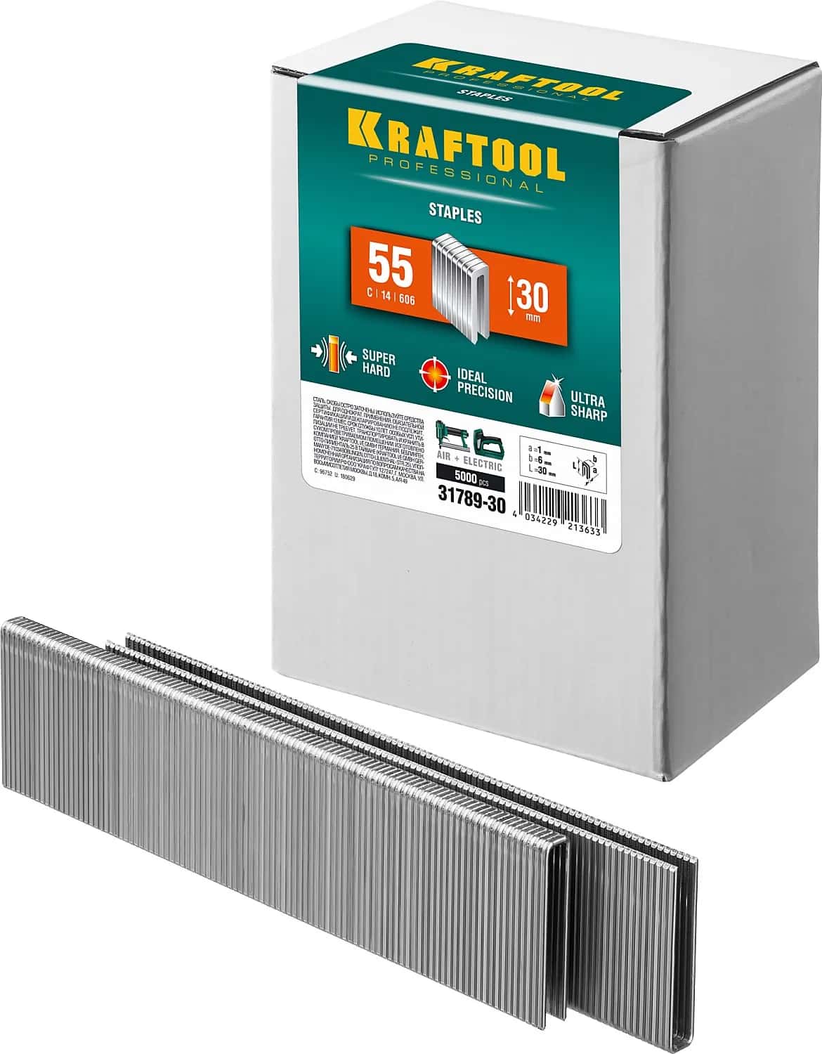 KRAFTOOL скобы тип 55 (90/C), 30 мм, калибр 18GA. 5000 шт (31789-30)