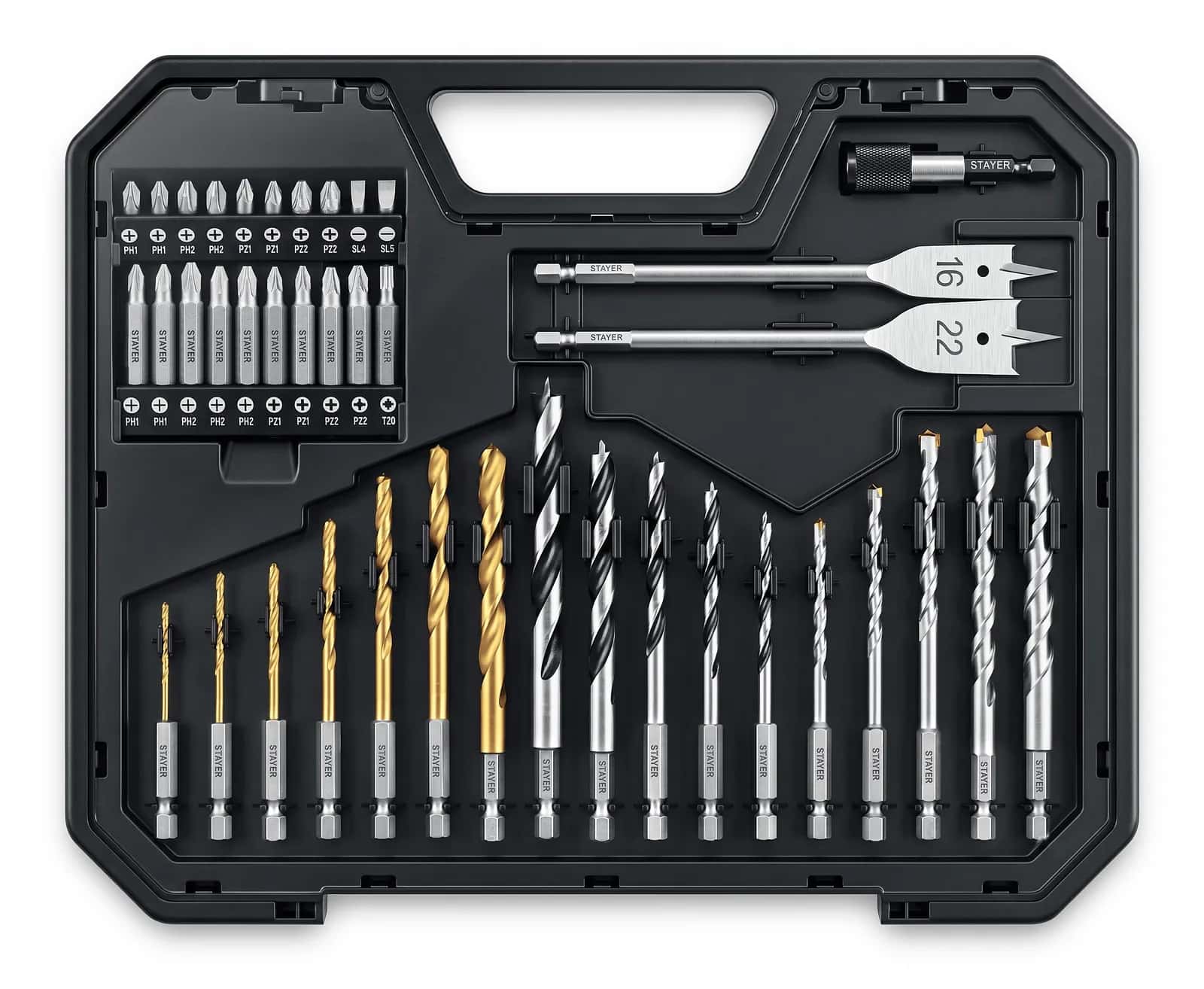 STAYER Unix-40 IMPACT READY, универсальный набор свёрл, HEX 1/4″, 40 предметов (29720-H40)