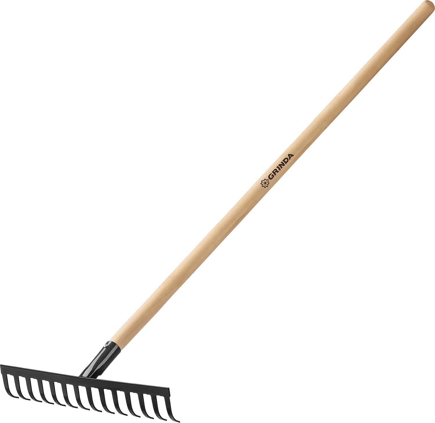 GRINDA GT-14 WOOD, 360 х 80 х 1300 мм, 14 прямых зубцов, углерод. сталь, антикор. покрытие, черенок дерев. высш. сорт, садовые грабли (39583-14)