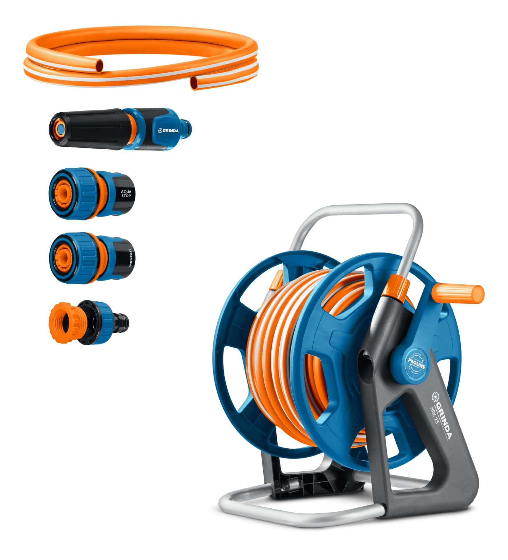GRINDA HRK-25, шланг 25м x 1/2″, поливочный набор 4 предмета, стальные опоры, катушка со шлангом в комплекте ProLine (428460)