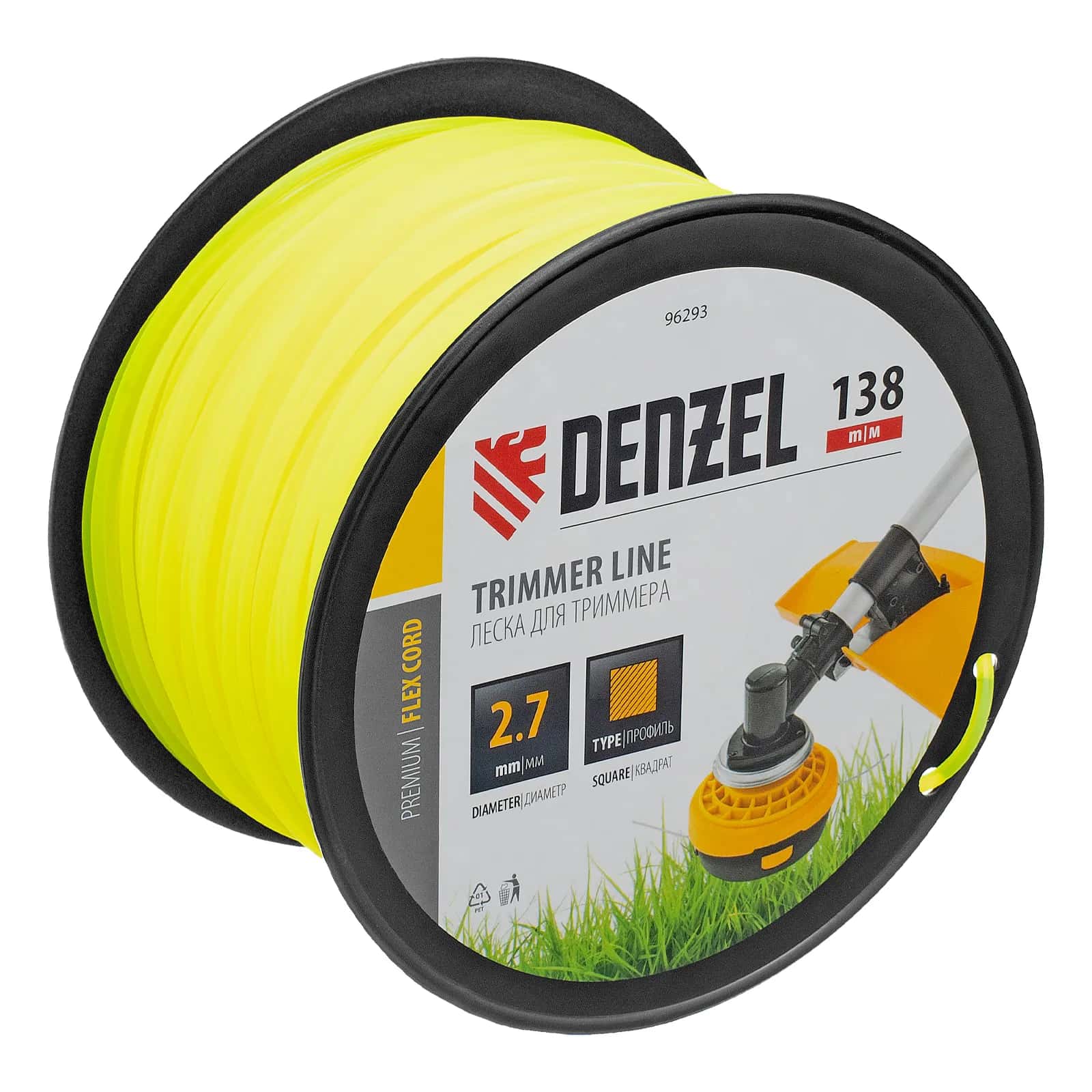 Леска для триммера квадрат, 2,7м х 138м, на DIN катушке FLEX CORD Denzel